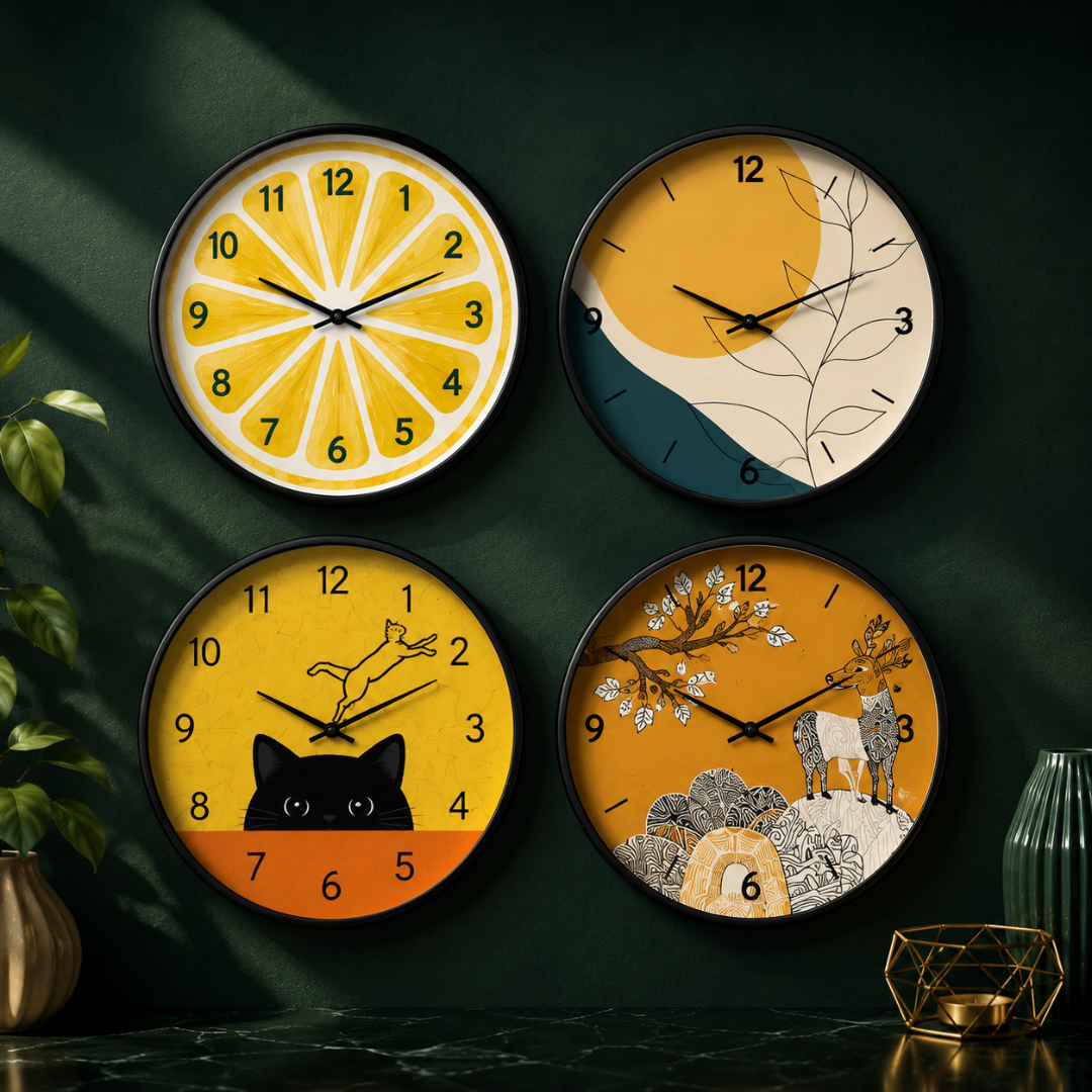 Four decorative wall clocks with unique designs on a dark green background.