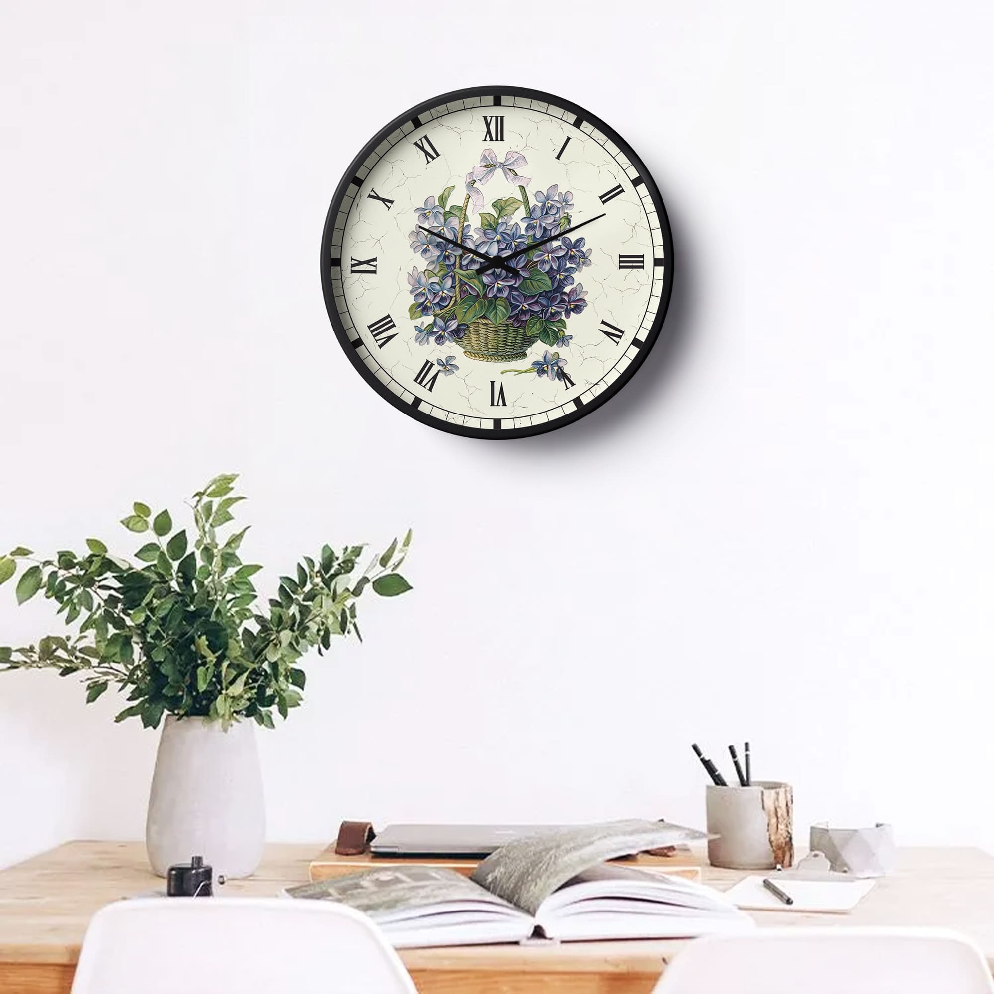 Floral Wall Clock Vintage Basket  – Roman Numerals | KLOK BD