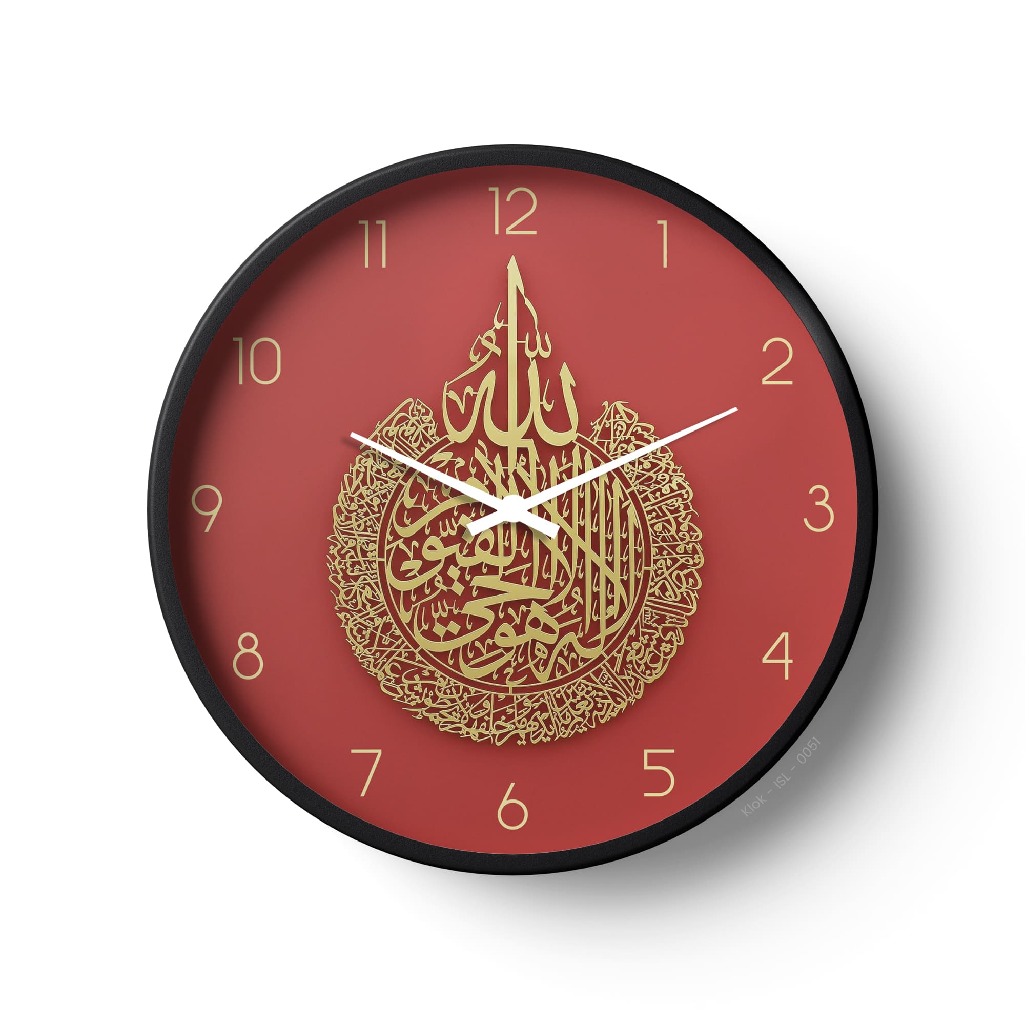Islamic Wall Clock – Ayatul Kursi  Elegant Arabic Calligraphy Design Red & Gold
