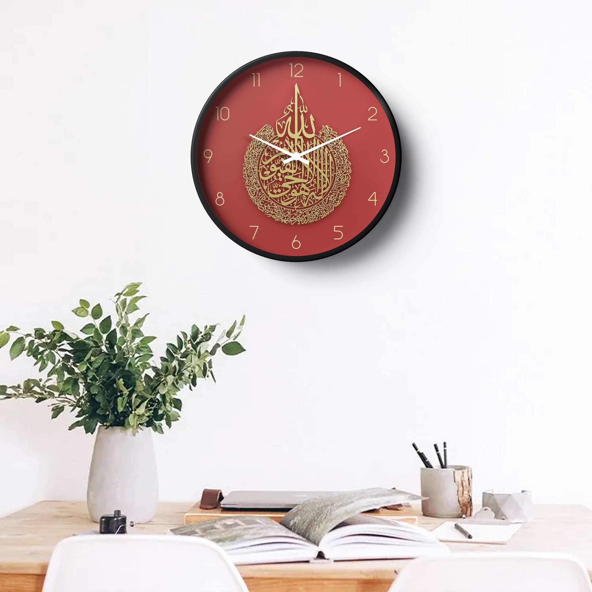 Islamic Wall Clock – Ayatul Kursi  Elegant Arabic Calligraphy Design Red & Gold