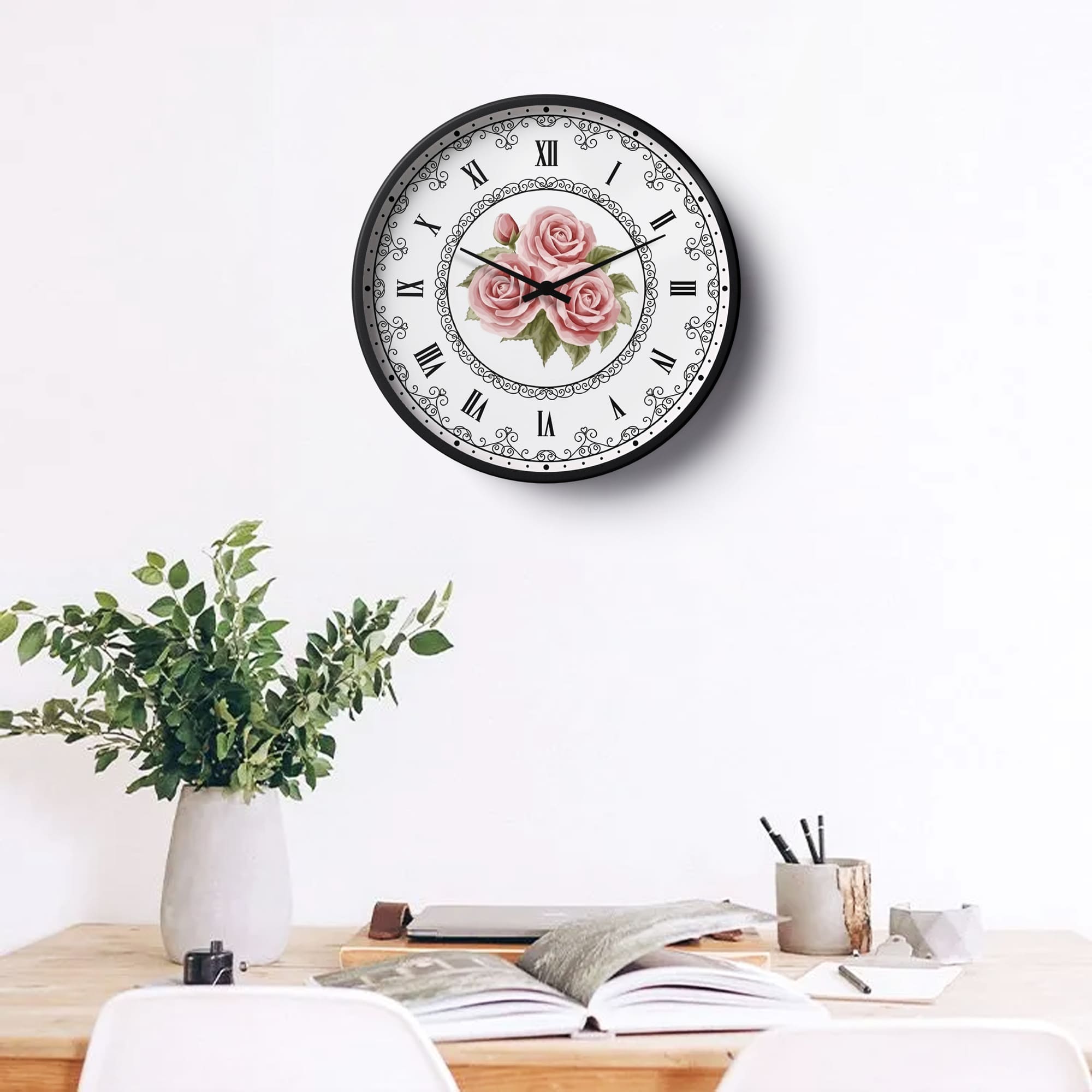 Floral Wall Clock – Elegant Pink Rose Cluster Design