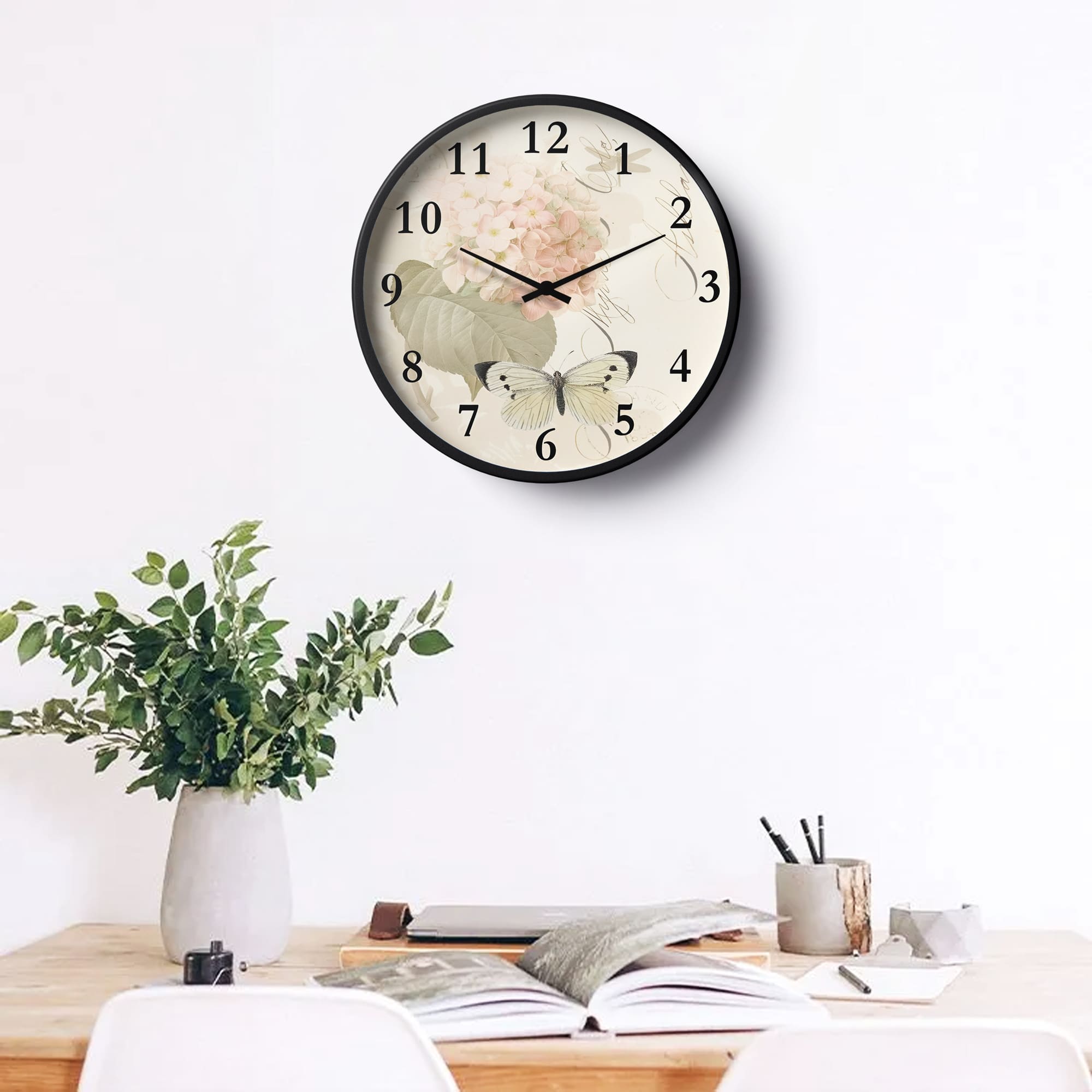 Floral Wall Clock – Hydrangea Blossom & Butterfly Art Design