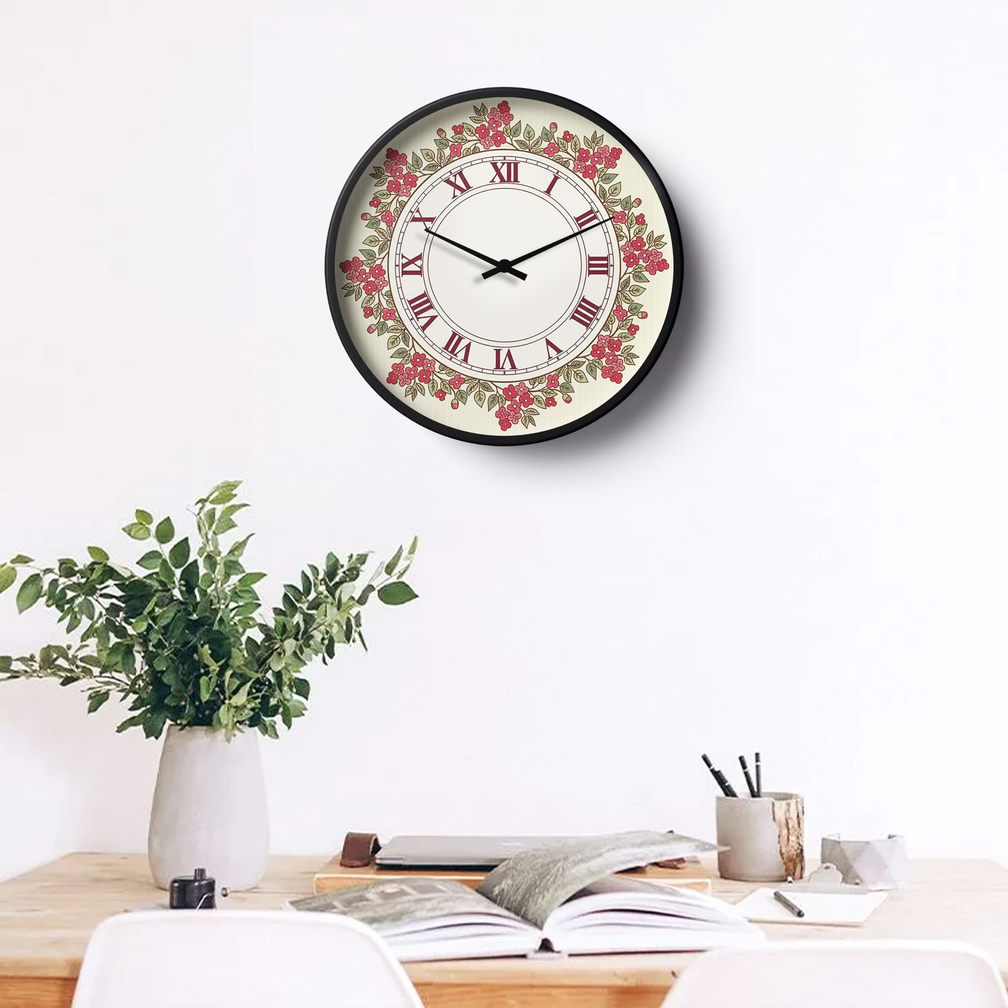 Floral Wall Clock – Vintage Roman Numeral Rose Blossom Design