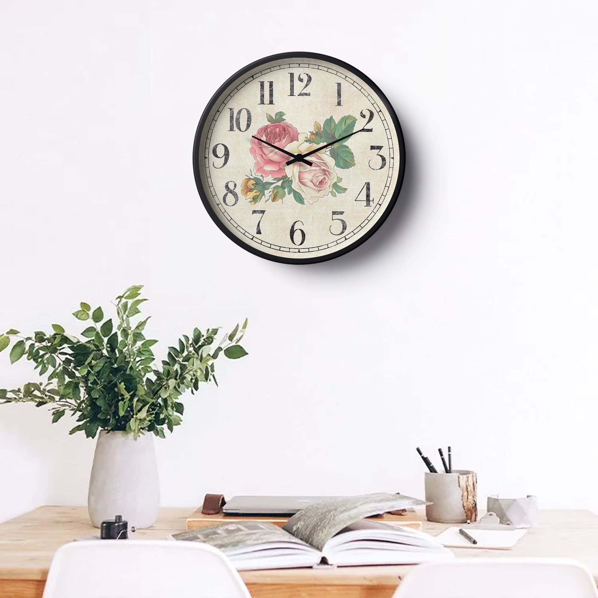 Floral Wall Clock – Vintage Rose Bouquet Design