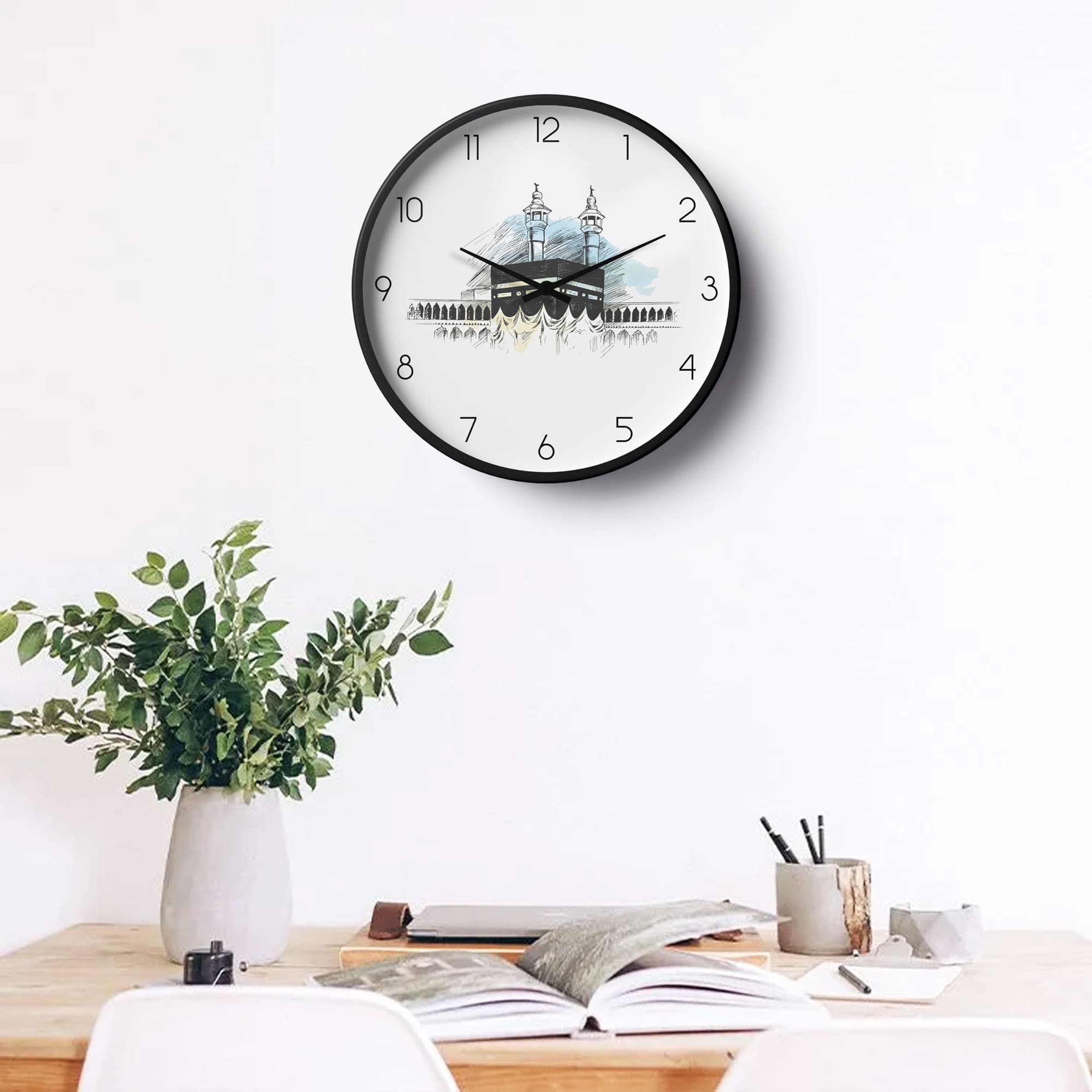Islamic Wall Clock – Kaaba Sketch White Minimal Design | KLOK