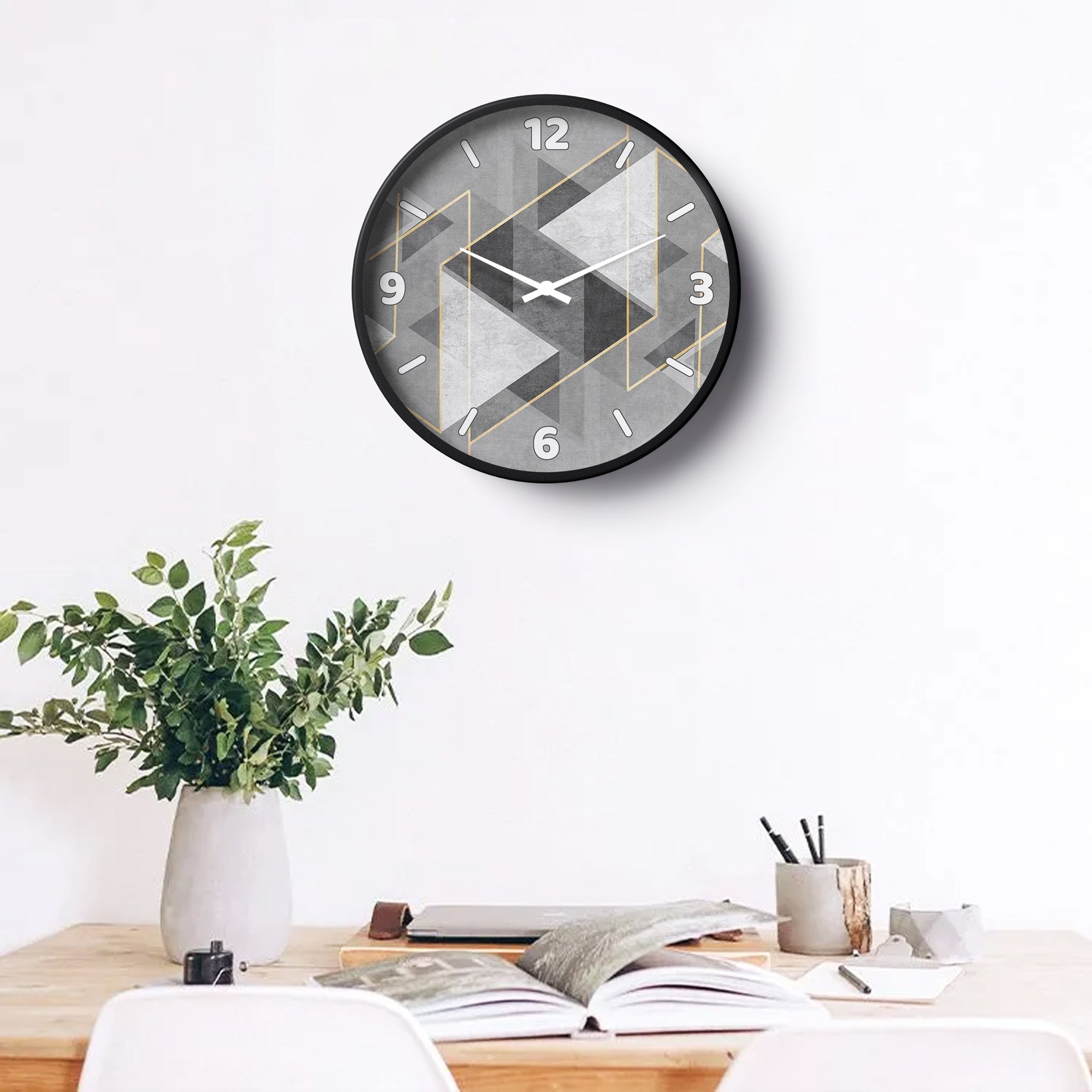 Abstract Wall Clock – Grey Geometric Cube Design with Gold Lines | KLOK KLOK