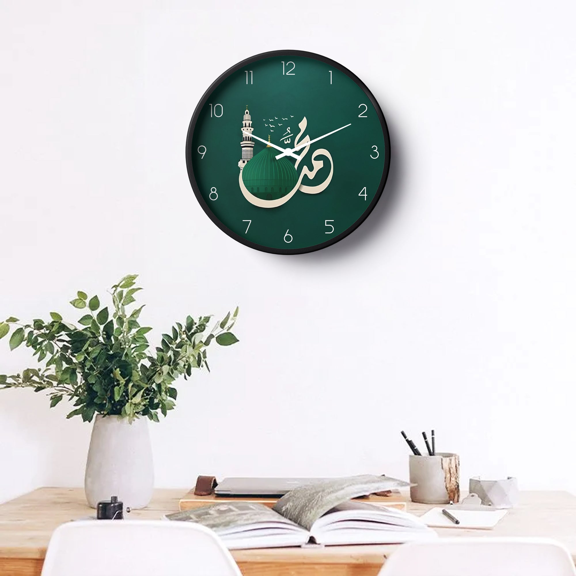 Islamic Wall Clock – Muhammad ﷺ & Masjid Nabawi Dome – Deep Green