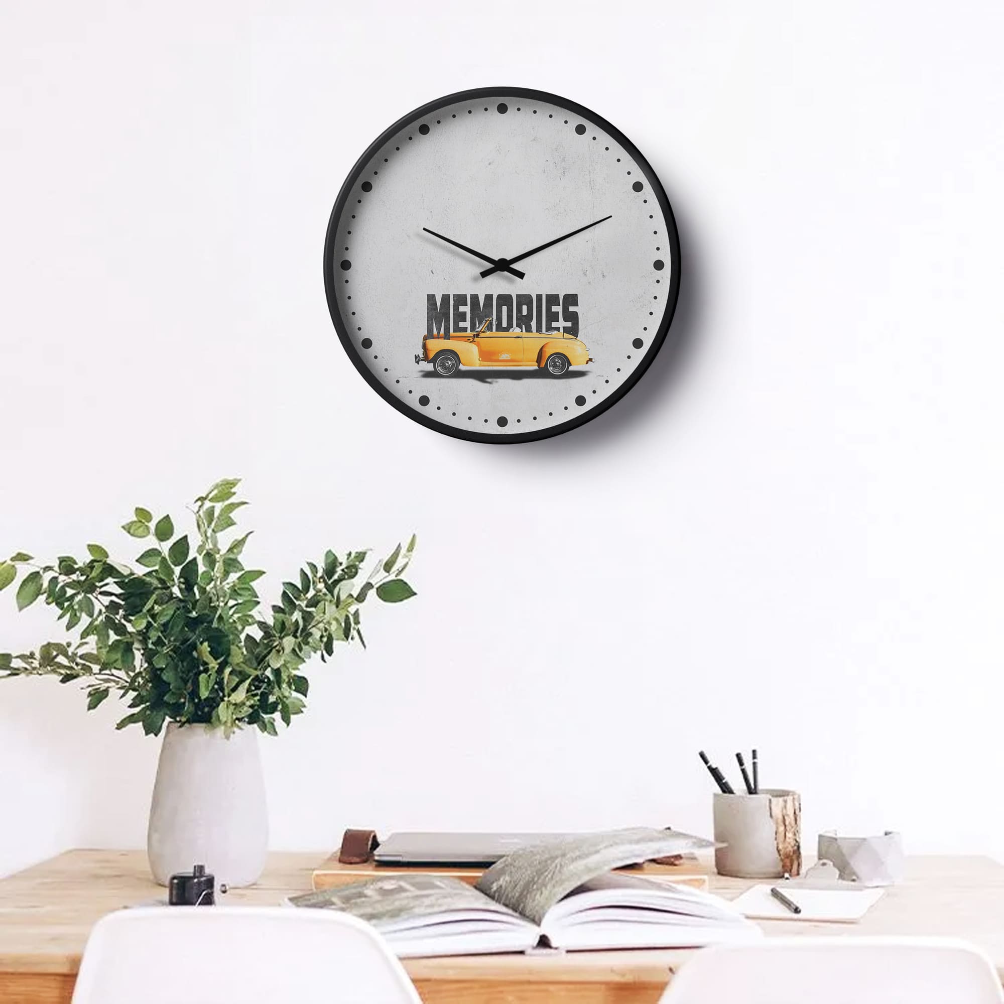 Typography Wall Clock – Memories Vintage Yellow Car Design | KLOK